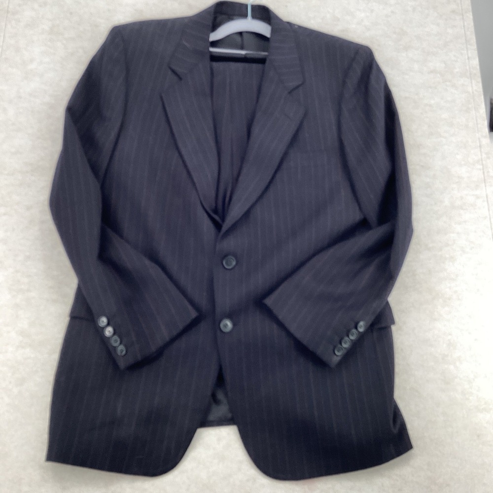 Mens Pinstripe 2 Piece Suit Navy Blue 100% Wool Blazer Trousers Size 42R 34W